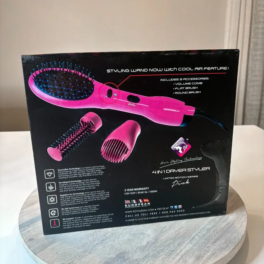 Royale 4-in-1 Hair Dryer Styler Pink Set Volume Flat Round Brush Attachments